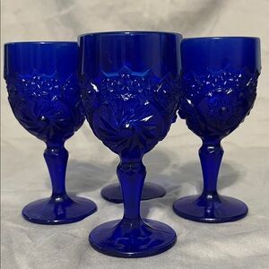 Vintage 4 Degenhart Glass Buzz Saw Cobalt Blue Wine Goblet Glass 4 1/4 1970's